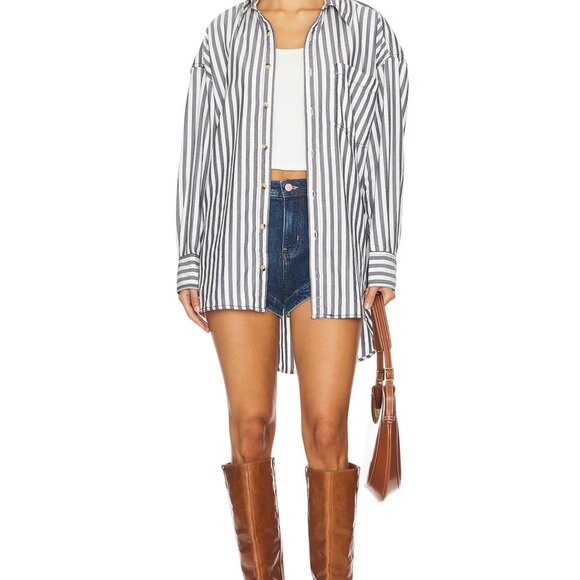 Free People Blue/Grey and White Striped Button Down Shirt - Picture 7 of 8